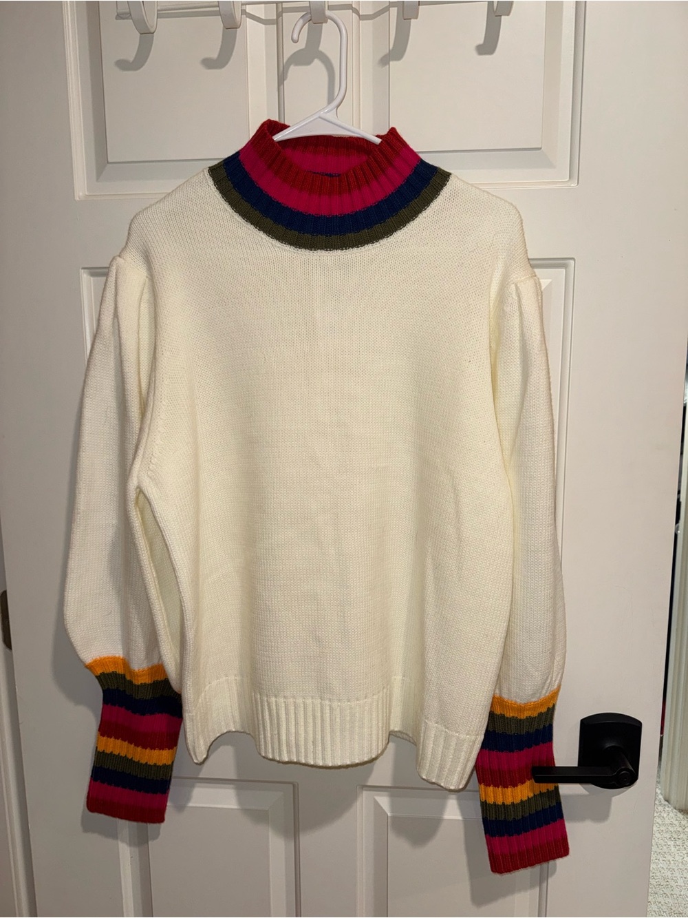 JODIFL Cream Cowlneck Sweater with Multicolor Stripe Trim nwt medium
